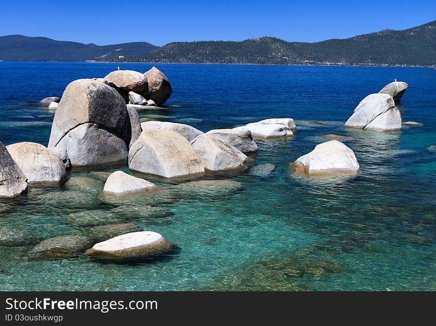 Lake tahoe rocky shore with clear water