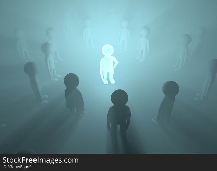 Render of a crowd with one glowing in the middle, symbolizing importance. Render of a crowd with one glowing in the middle, symbolizing importance