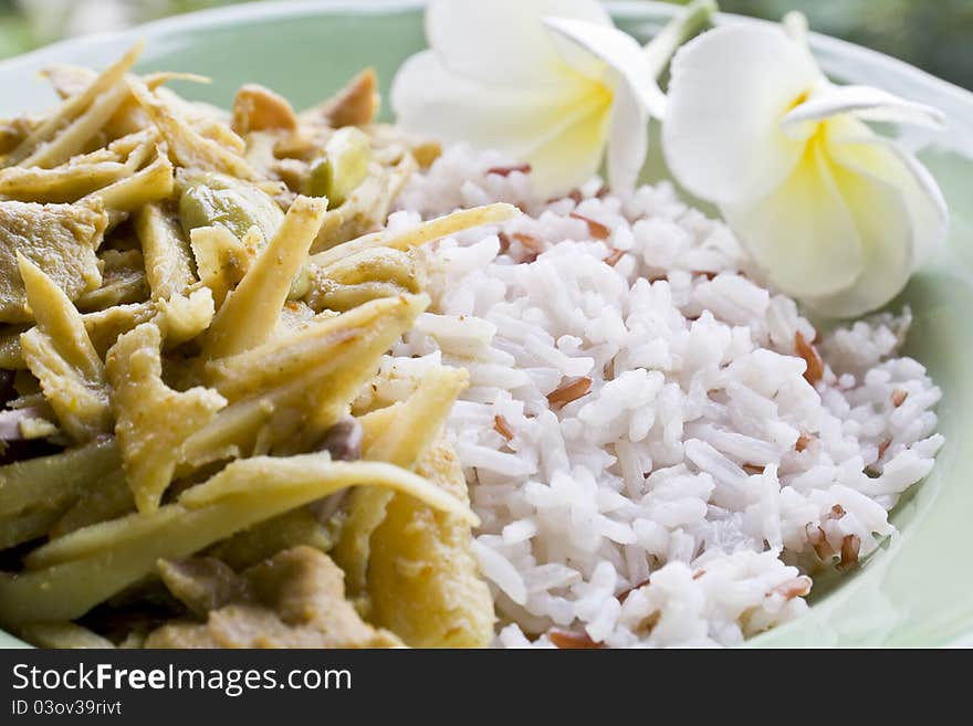 Rice cooked with Curry Sprout bamboo Sprout, thai food. Rice cooked with Curry Sprout bamboo Sprout, thai food