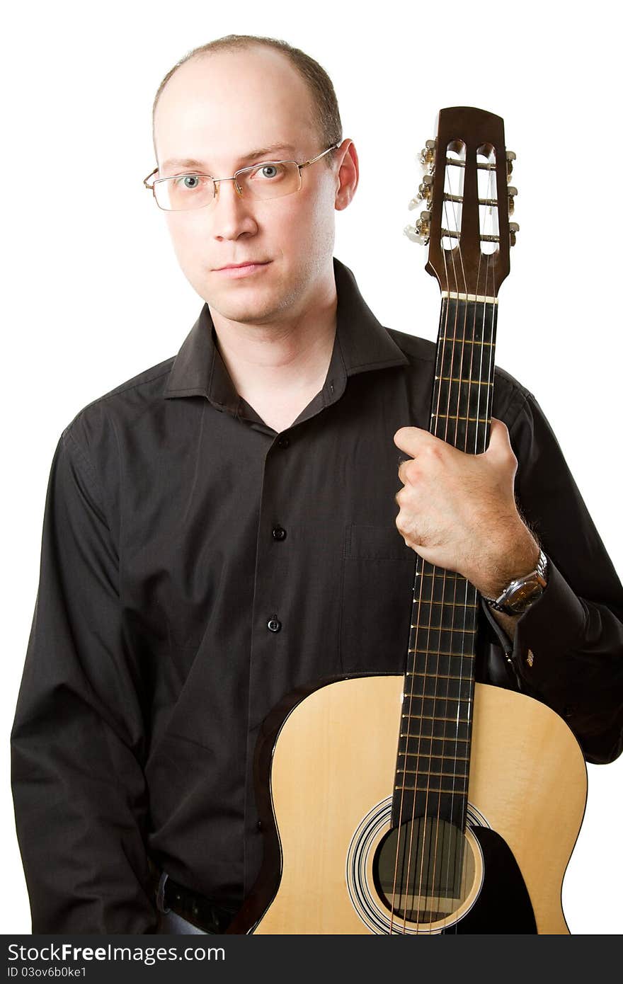 Man with glasses and a guitar on white background