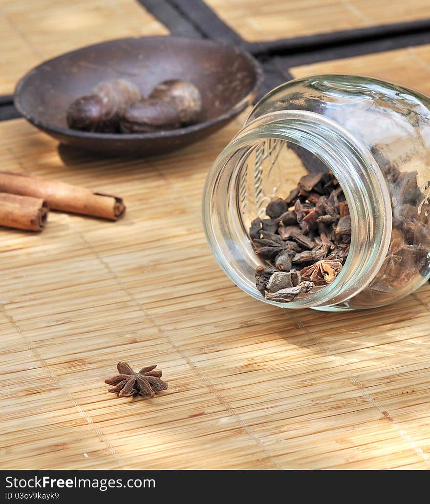 Various Spices On Straw Mat