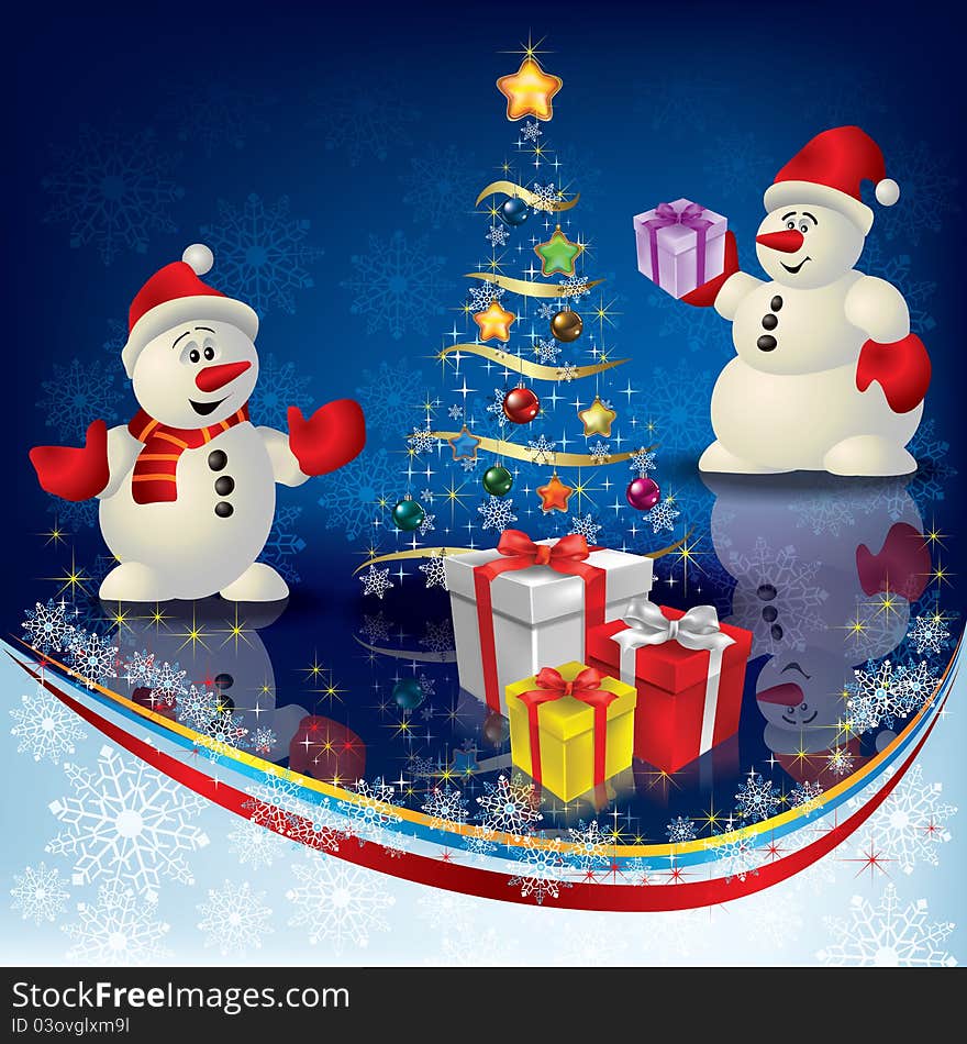 Abstract Christmas Greeting With Snowman And Gifts