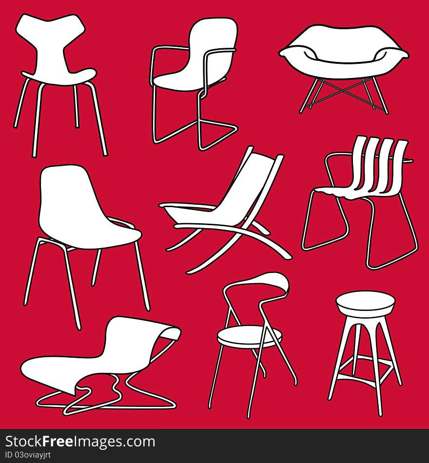 Retro chairs furniture on red background. Retro chairs furniture on red background