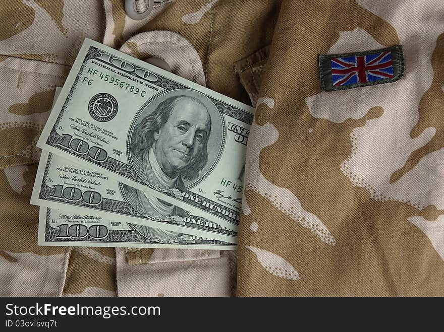 Army combat uniform jacket with dollar banknotes. Army combat uniform jacket with dollar banknotes