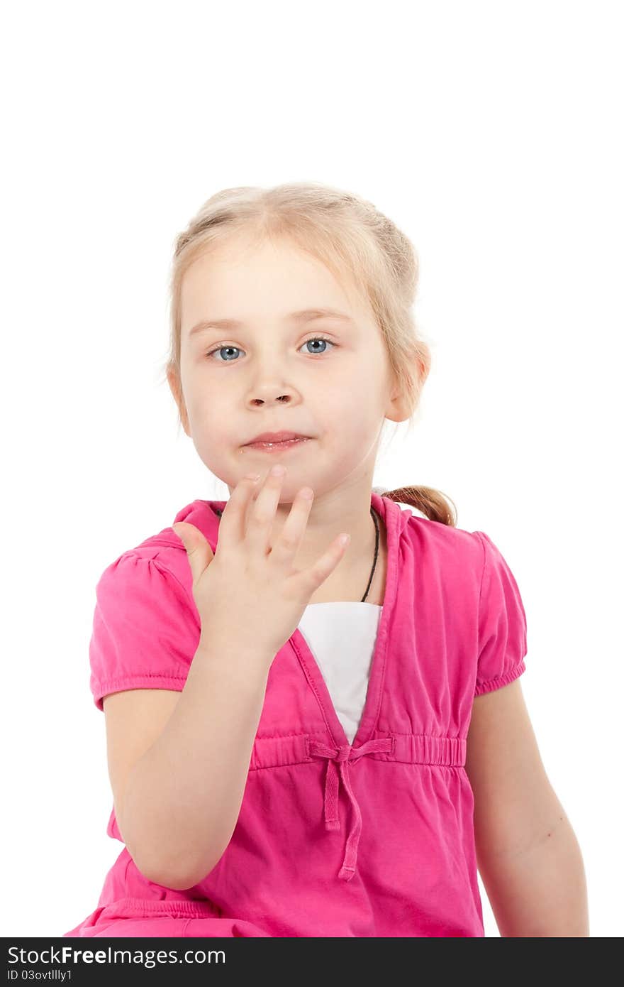 Beautiful girl eating chocolate bar on white background