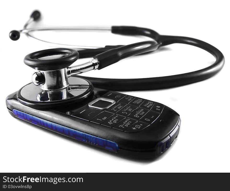 Medical Stethoscope checking mobile phone errors. Medical Stethoscope checking mobile phone errors.