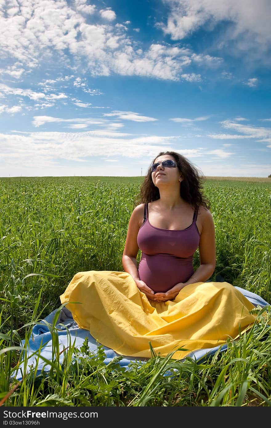 Pregnant woman on green grass field under blue sky