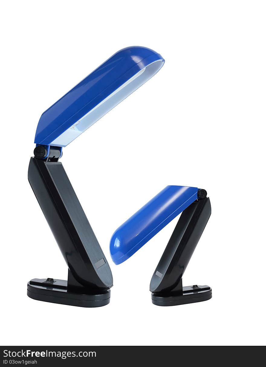 Two blue desk lamps like a parent and child on white background. Two blue desk lamps like a parent and child on white background