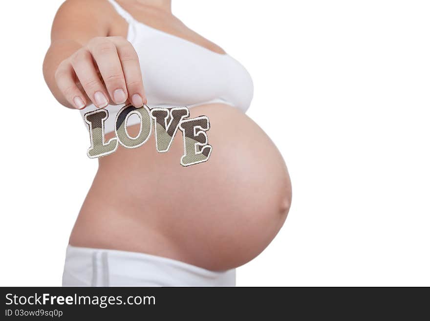 Pregnant woman hold word love on in hands on white background. Pregnant woman hold word love on in hands on white background