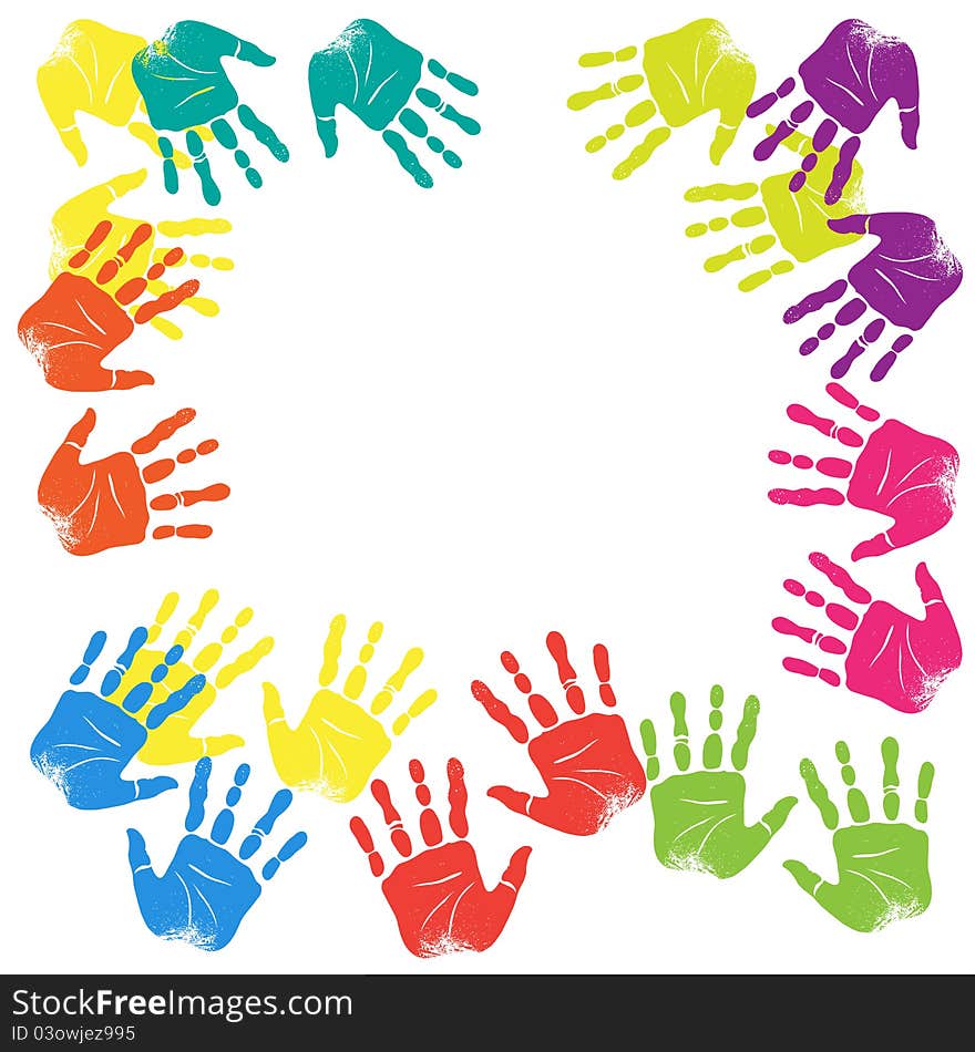 Illustration with place for text with prints of children's hands. Illustration with place for text with prints of children's hands.