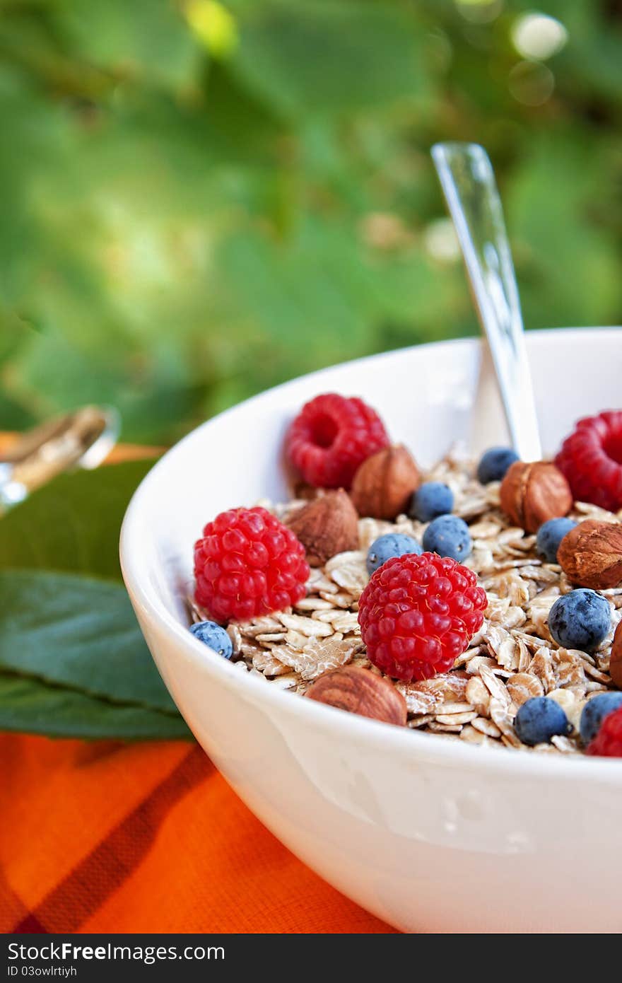 Oat nuts with fresh blueberries and raspberries and hazelnuts. Oat nuts with fresh blueberries and raspberries and hazelnuts