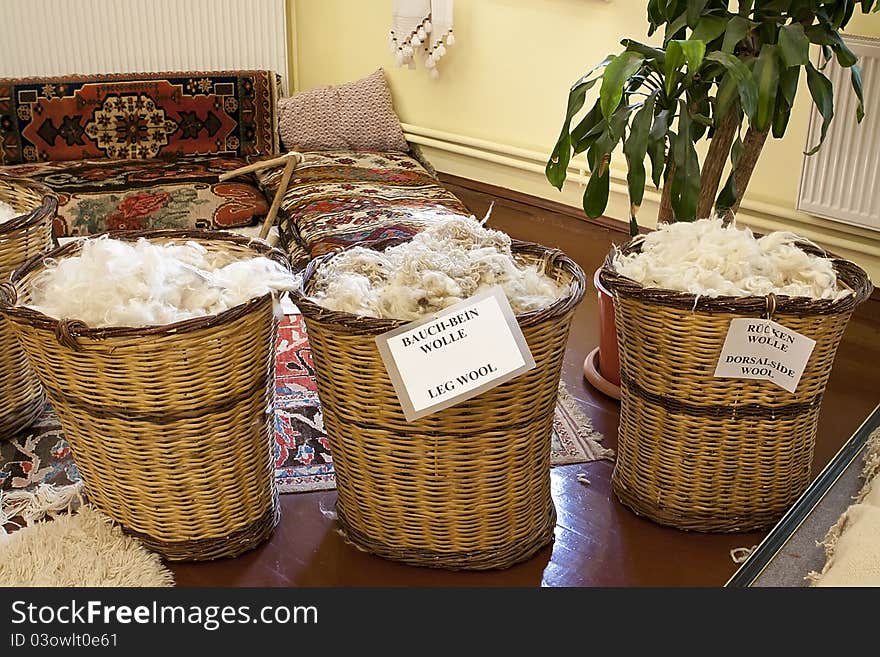 Full basket of wool to the making carpet.