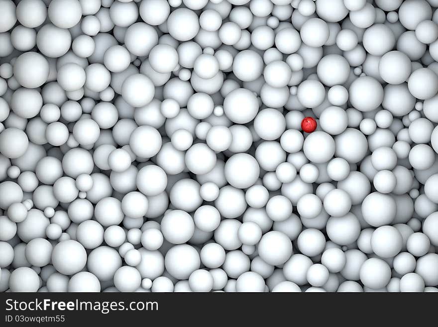 High quality rendering of single red pearl under thousand white marbles. High quality rendering of single red pearl under thousand white marbles