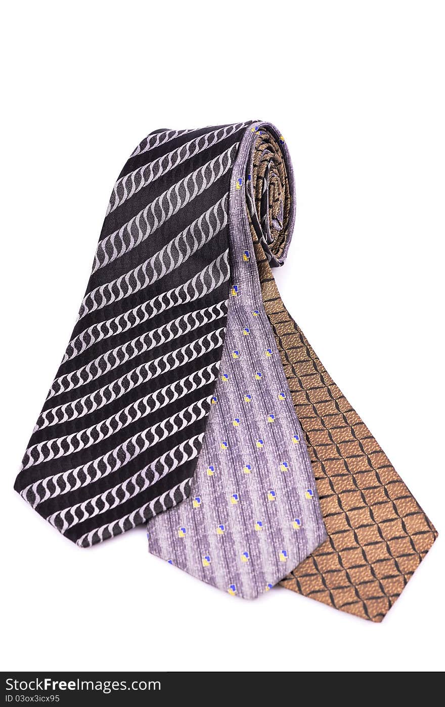 Front view of three ties, isolated white background