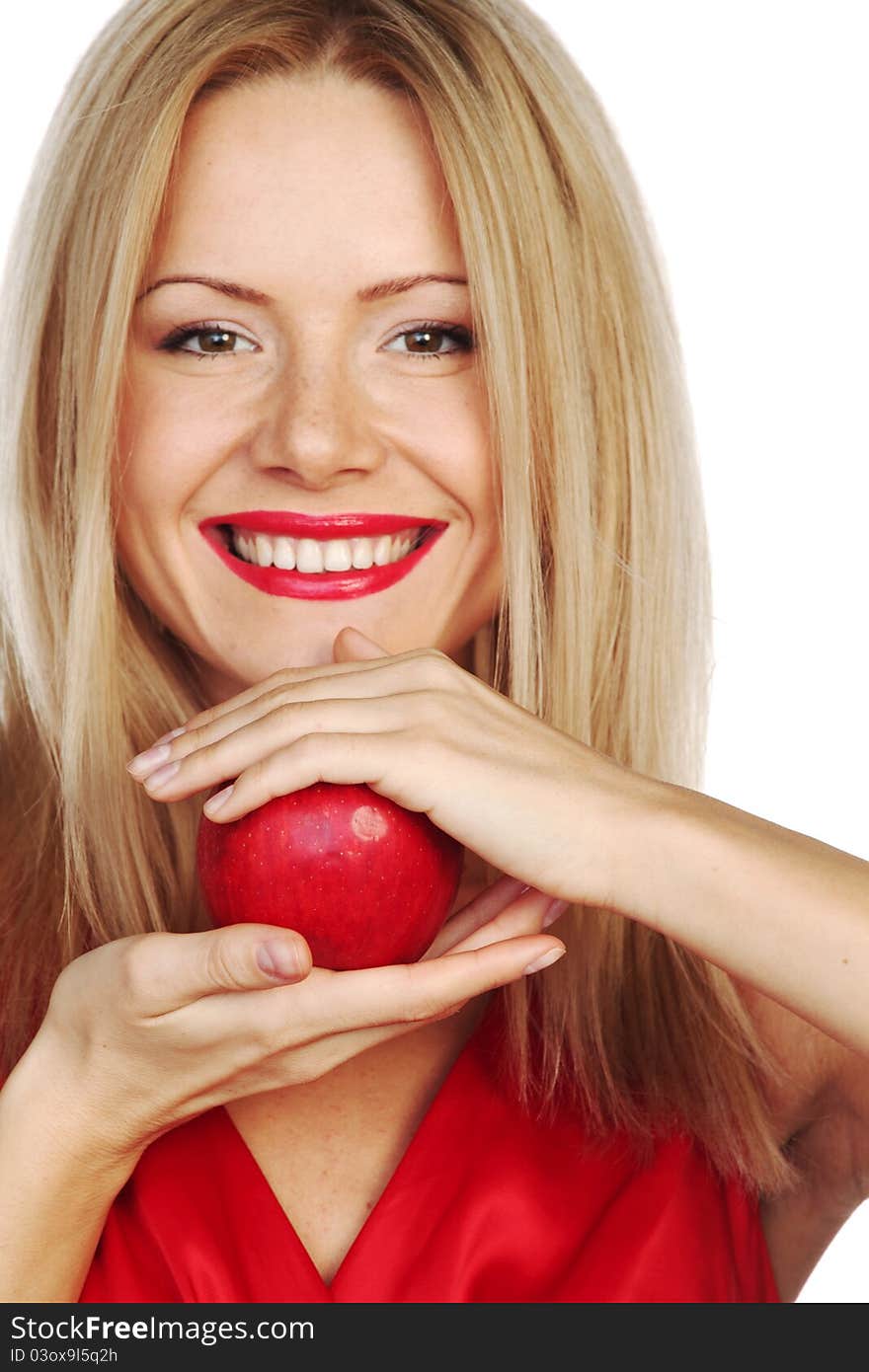 Woman eat red apple on white background. Woman eat red apple on white background