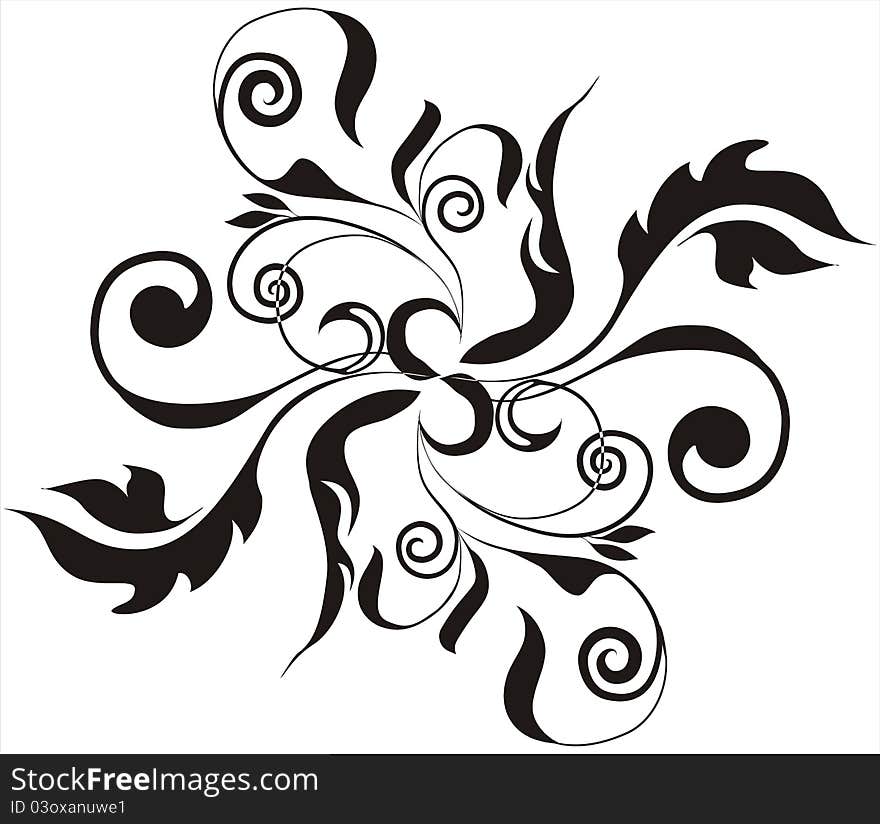 Ornament consisting of a symmetrically arranged leaves, spiral curly tendrils, intertwined branches. Ornament consisting of a symmetrically arranged leaves, spiral curly tendrils, intertwined branches.