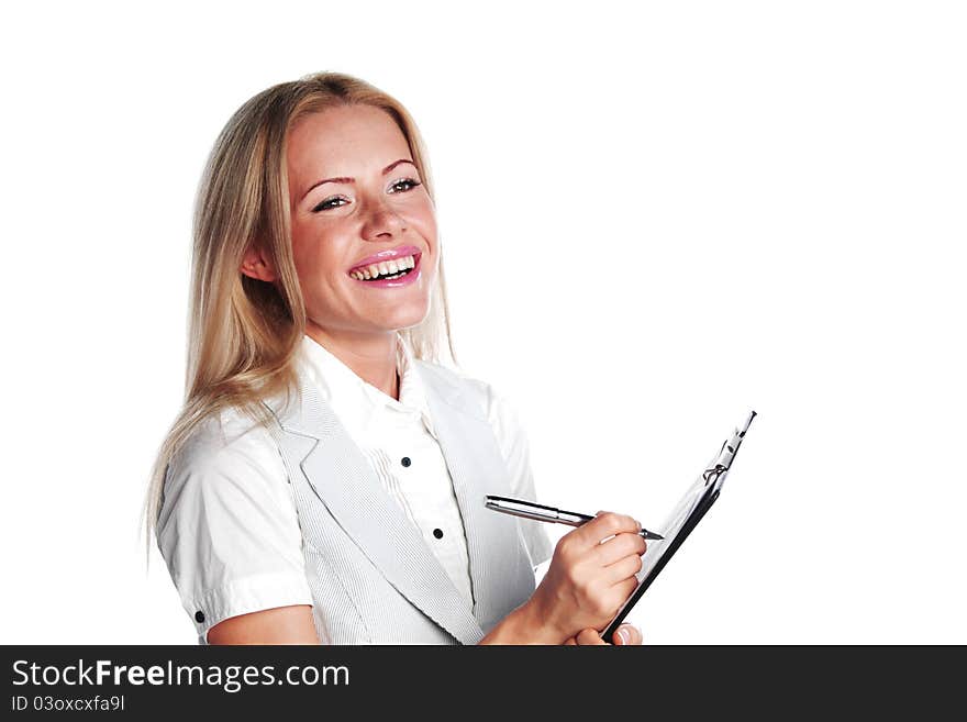 Business woman writing in notebook on a white background