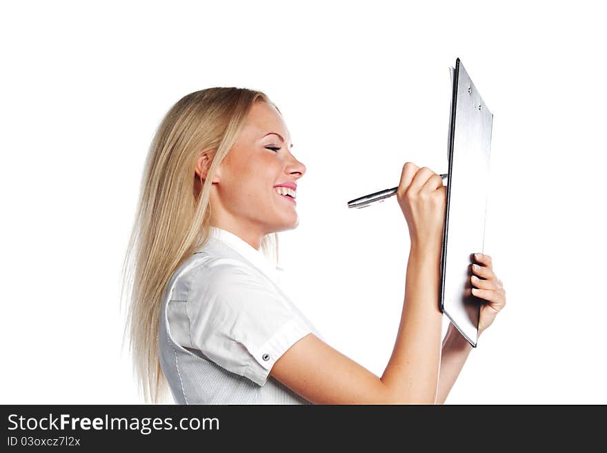 Business woman writing in notebook on a white background