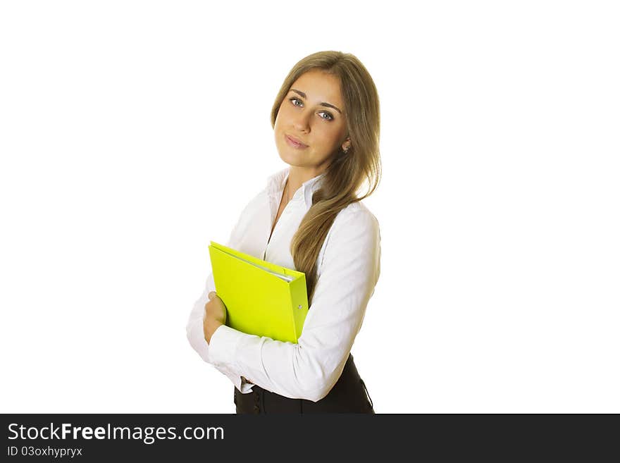 Close-up of a modern attractive business woman with folder. Isolated on a white background. Close-up of a modern attractive business woman with folder. Isolated on a white background