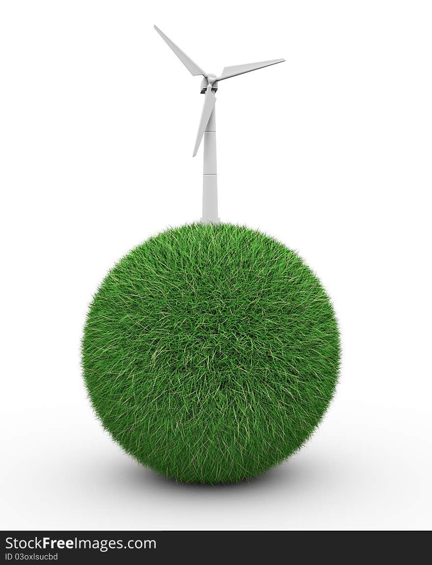 Sphere with grass and wind turbine - 3d render illustration