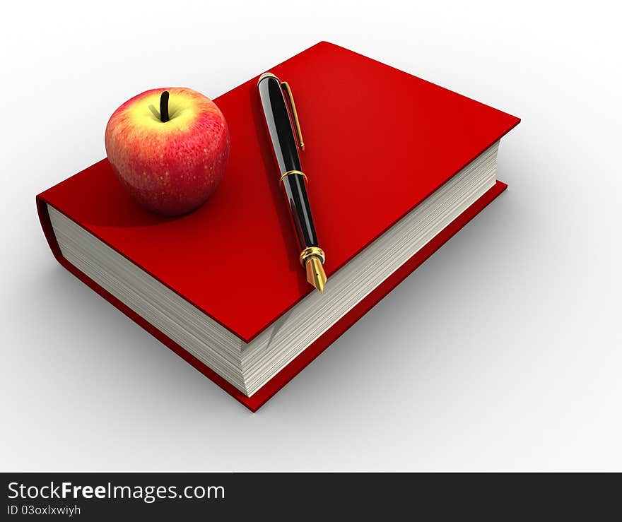 Pen and a red apple on a book. This is a 3d render illustration