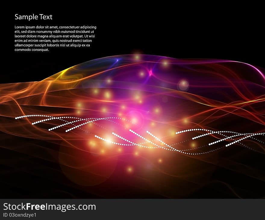 Interplay of lights, colors, sine curves and abstract design elements on the subject of data transfer, modern technology, digital communications and computers