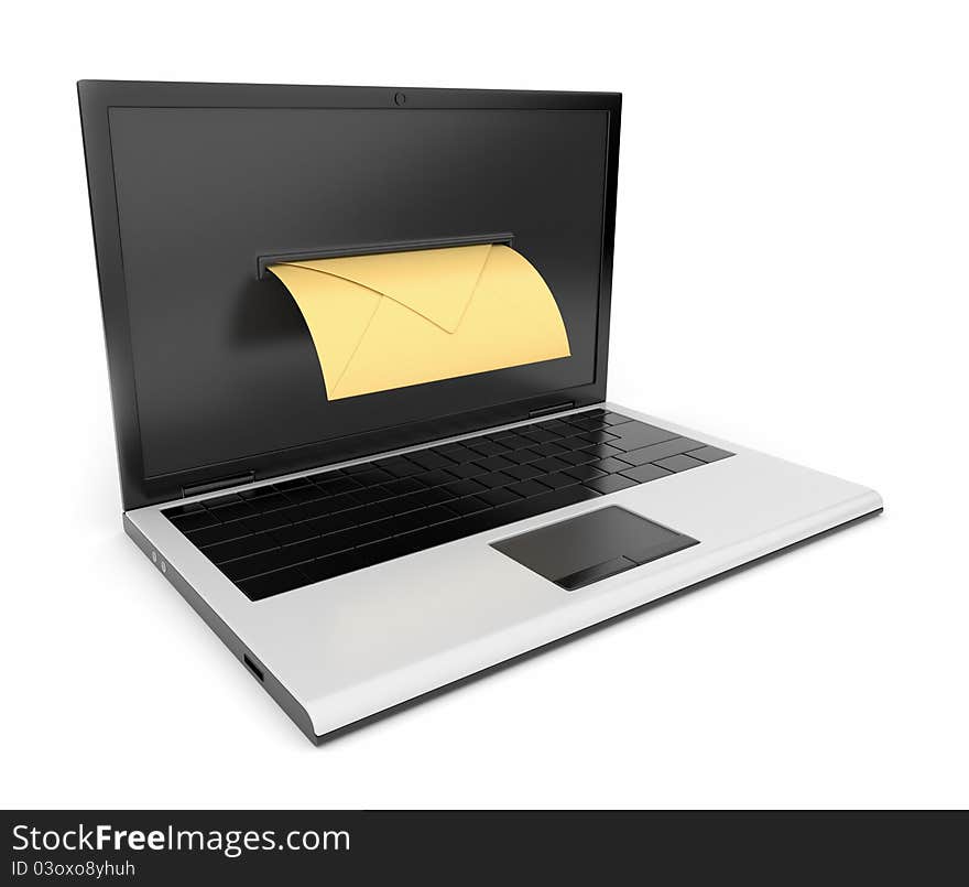 Laptop and mail. 3D illustration on white backgrou