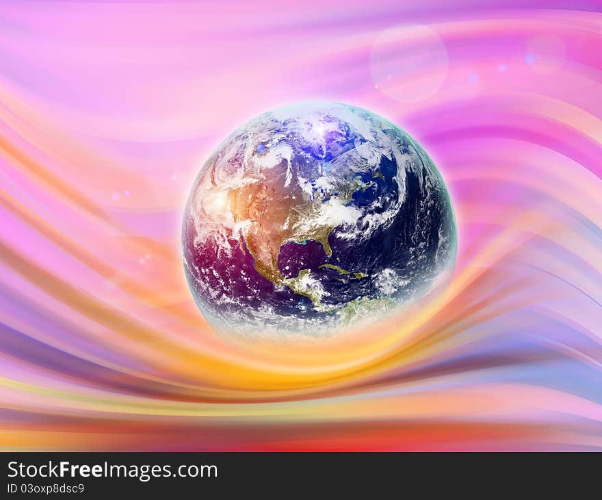 Interplay of colorful abstract background and Earth Globe on the subject of new era, progress and joy. Interplay of colorful abstract background and Earth Globe on the subject of new era, progress and joy