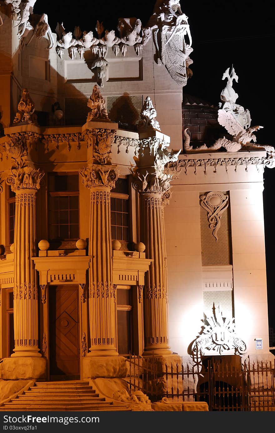 Night picture of a building with beautiful statues in Kiev. Night picture of a building with beautiful statues in Kiev