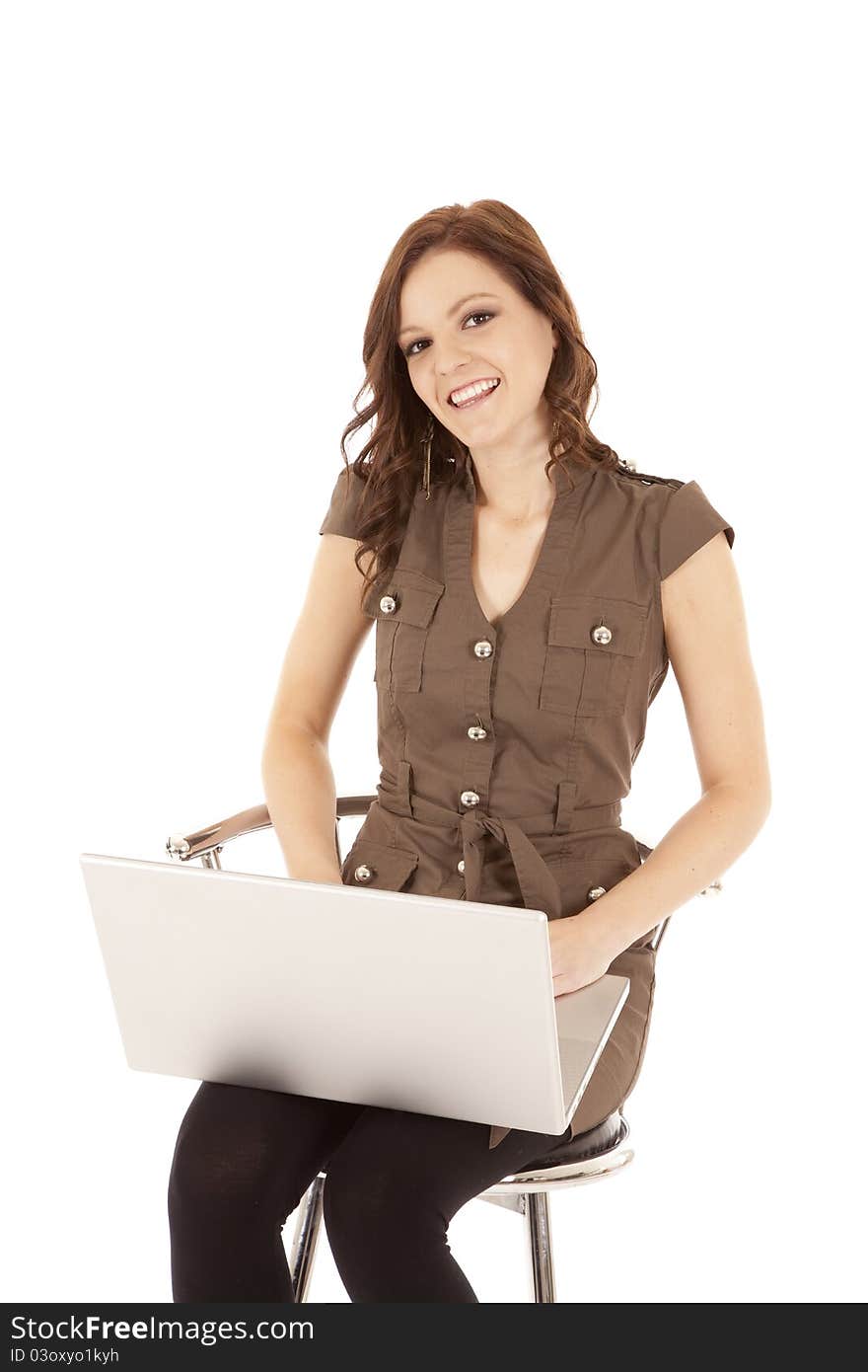 Woman Brown Shirt Laptop Smile