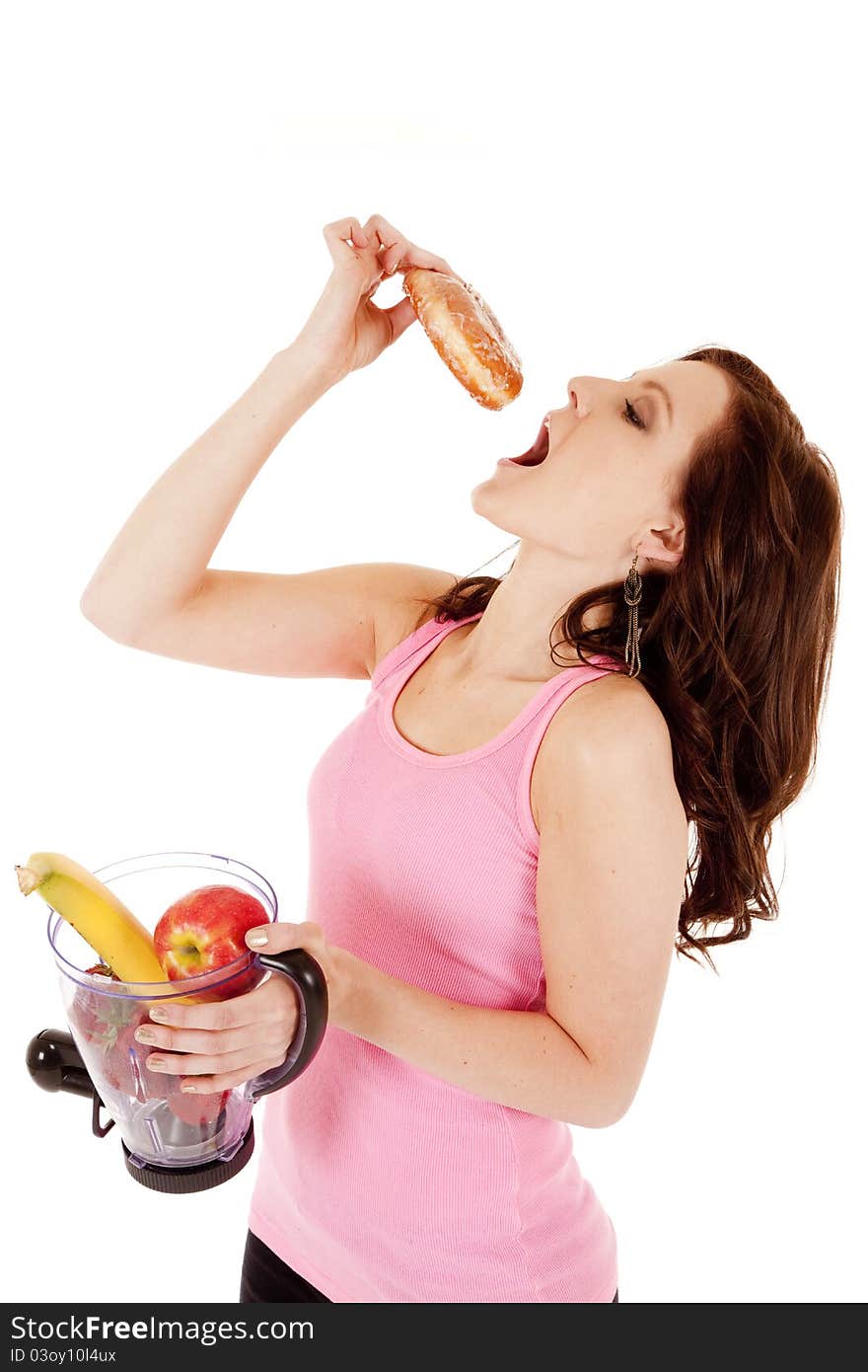 Woman fruit blender doughnut eat