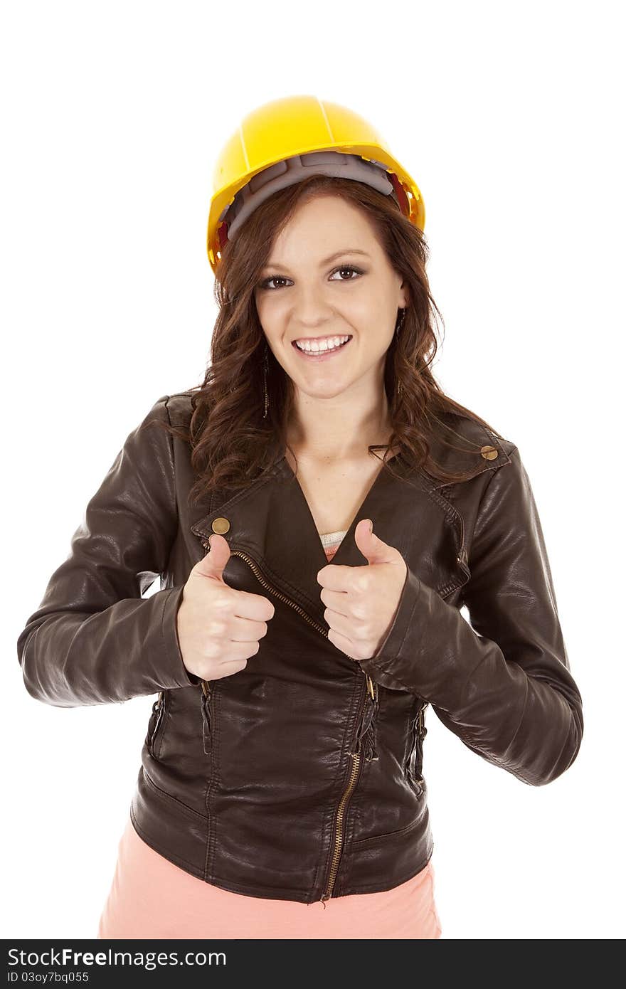 Woman yellow hat thumbs up