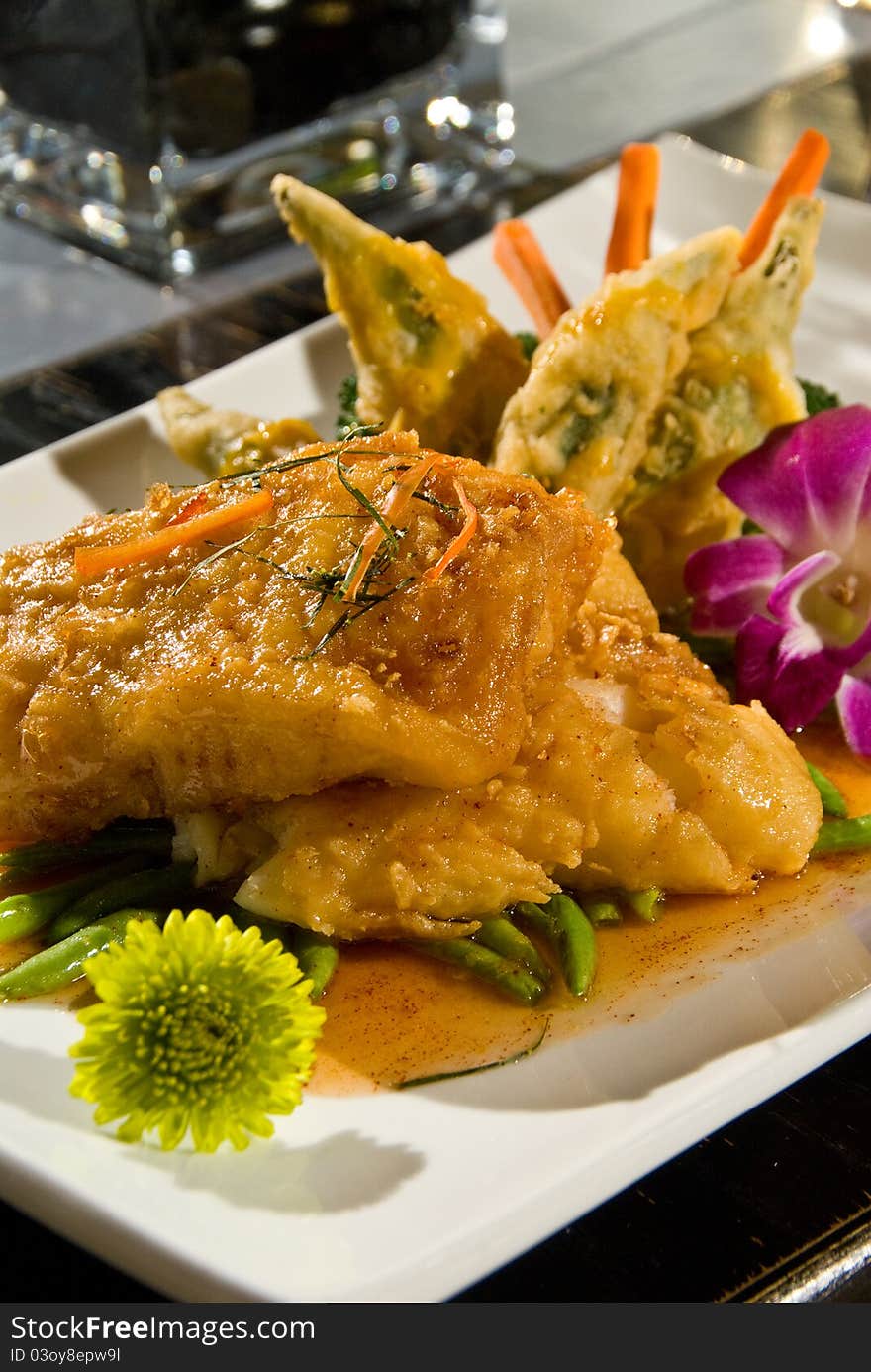 Fried sea bass with sweet chili sauce