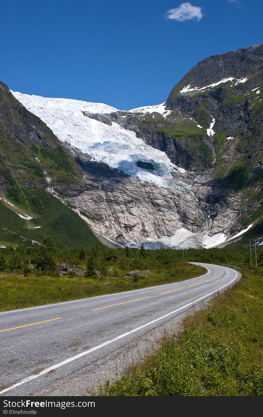 A norwegian glacer and a desert street in the valley. A norwegian glacer and a desert street in the valley