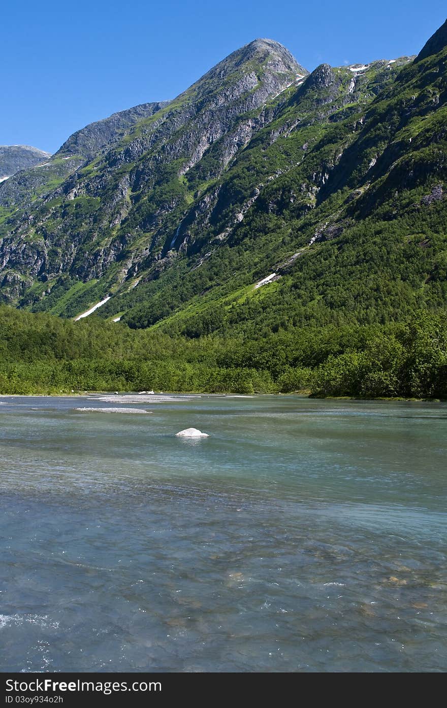 Norwegian landscape, a beautiful cristal river between green mountains. Norway.