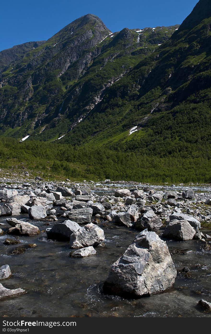 Norwegian landscape, a beautiful cristal river between green mountains. Norway.