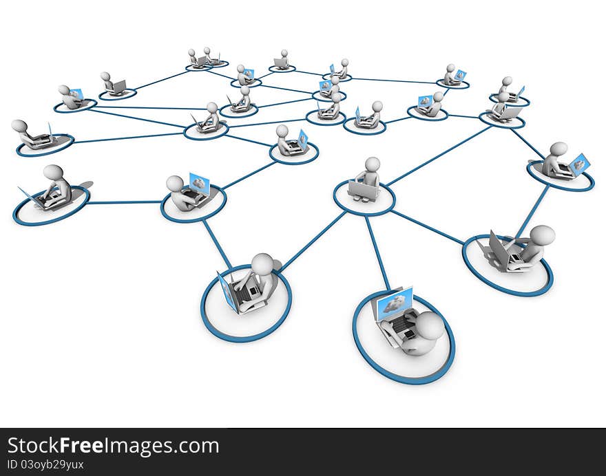 Render of several people connected to each other through the cloud. Render of several people connected to each other through the cloud