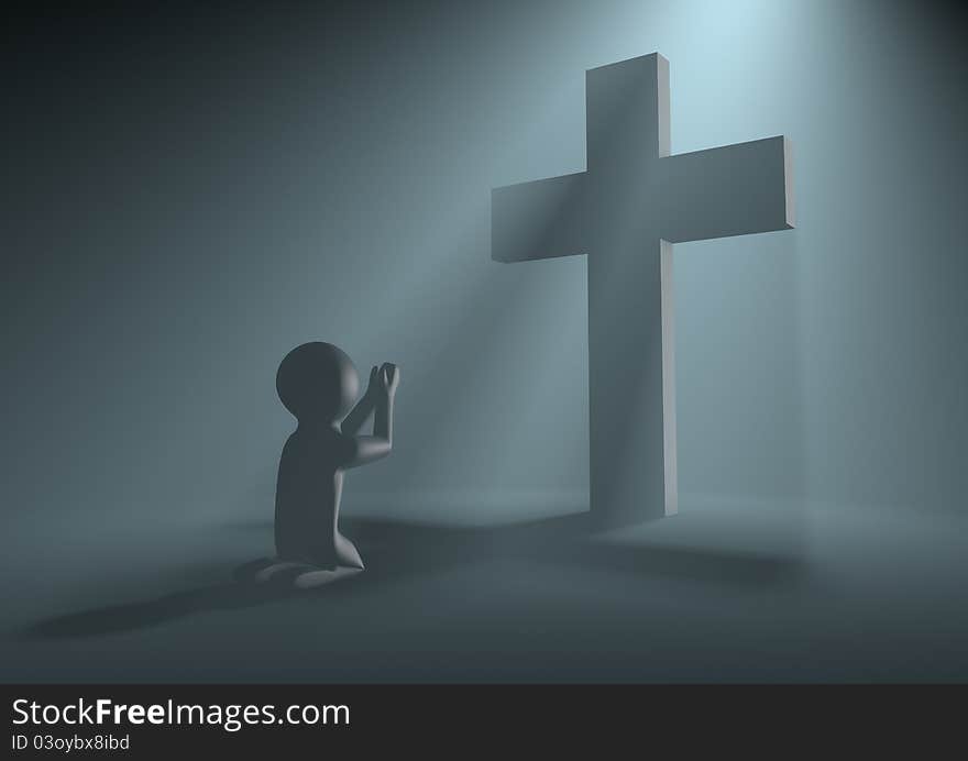 Render of a figure praying in volumetric light. Render of a figure praying in volumetric light