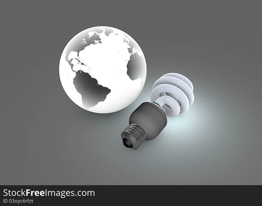 Render of an eco-friendly light bulb and our planet. Render of an eco-friendly light bulb and our planet