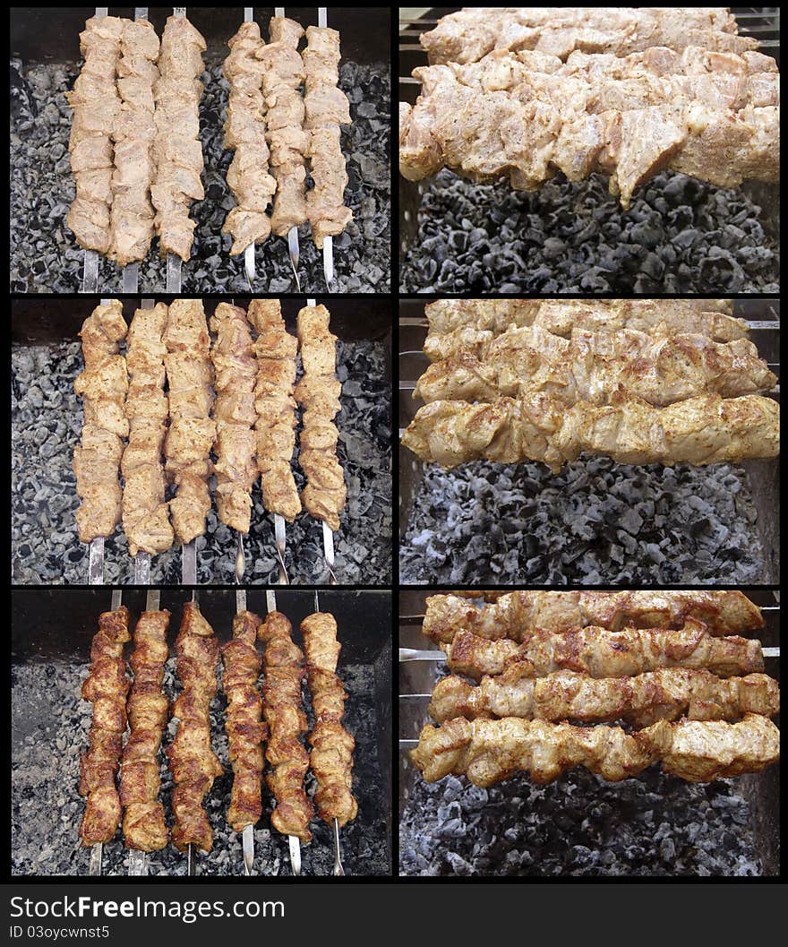 Process of preparation of a shish kebab, from uncooked to the cooked. Process of preparation of a shish kebab, from uncooked to the cooked