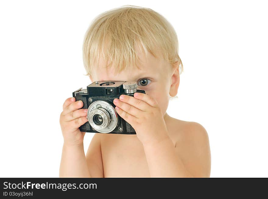 Little boy with old photographic camera on white background. Little boy with old photographic camera on white background