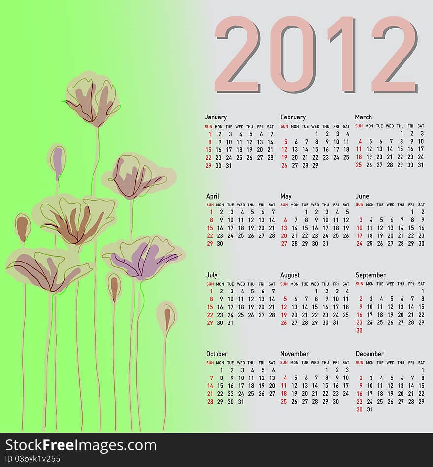 Stylish calendar with flowers for 2012.