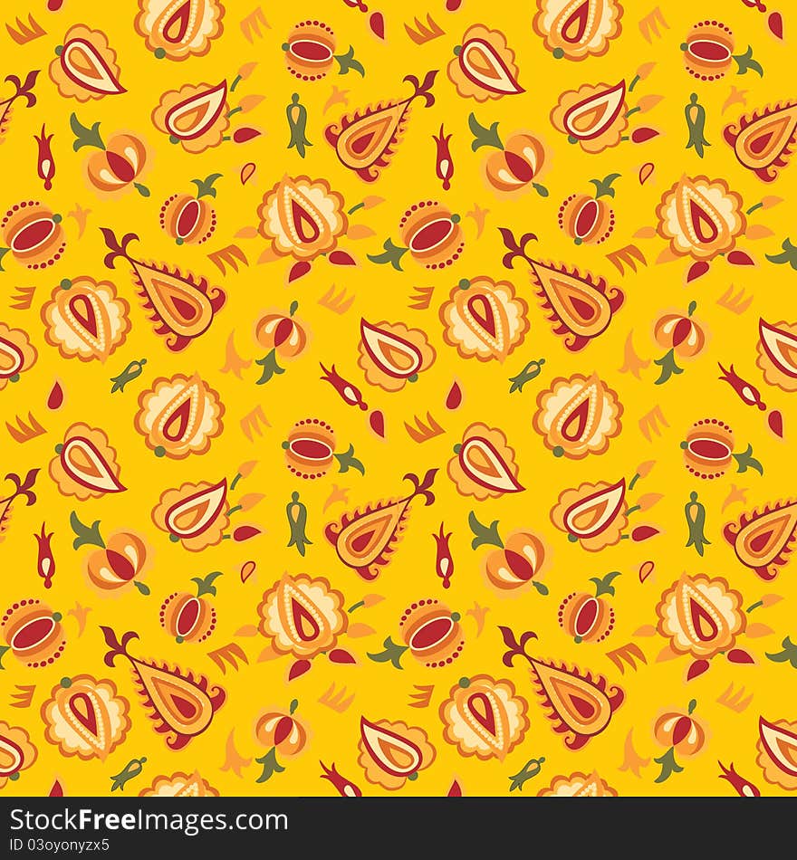 Deep yellow pattern with bright stilised flowers. Deep yellow pattern with bright stilised flowers