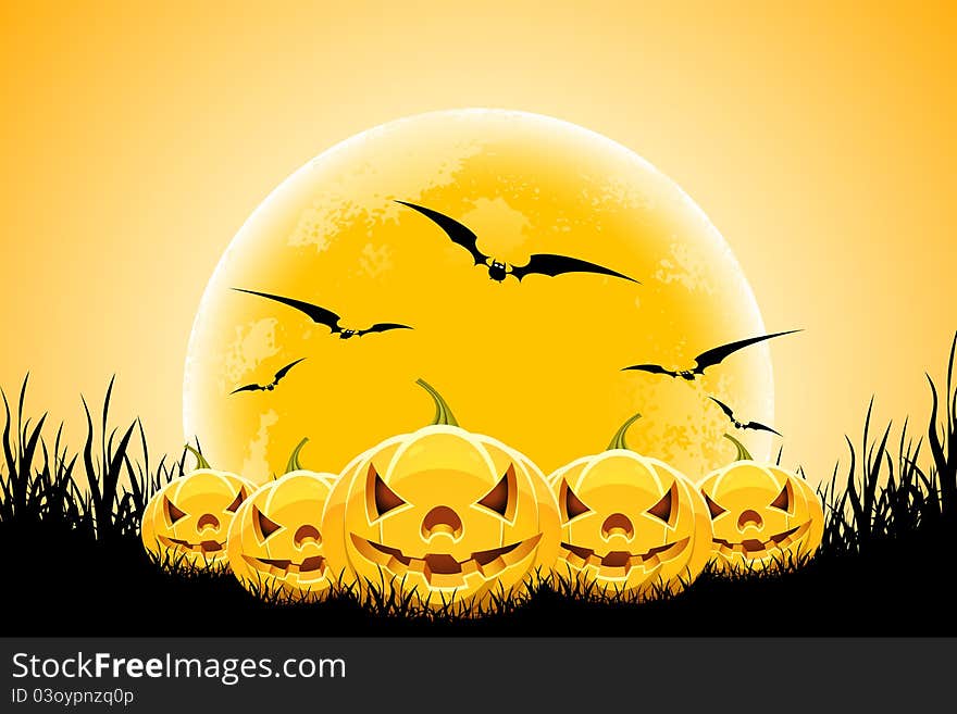 Halloween night background with grass moon bats and pumpkins. Halloween night background with grass moon bats and pumpkins