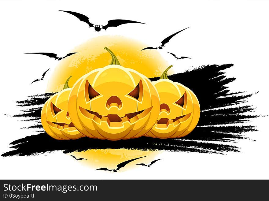 Halloween background with pumpkins moon and bats