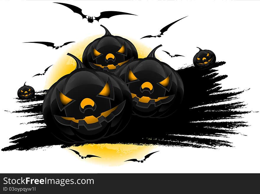 Halloween background with pumpkins moon and bats