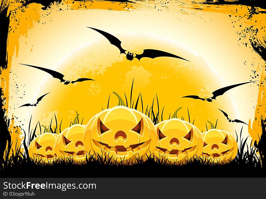 Grungy Halloween background with pampkins bats and full moon. Grungy Halloween background with pampkins bats and full moon