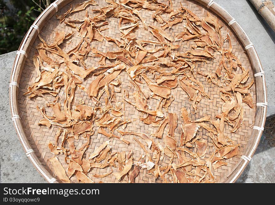 Drying bamboo shoots on a plate. Drying bamboo shoots on a plate