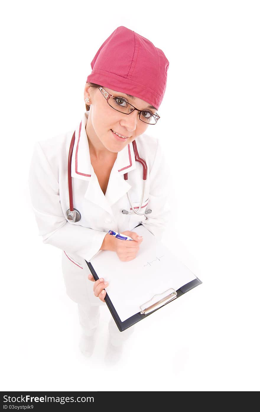 Young woman doctor on white background