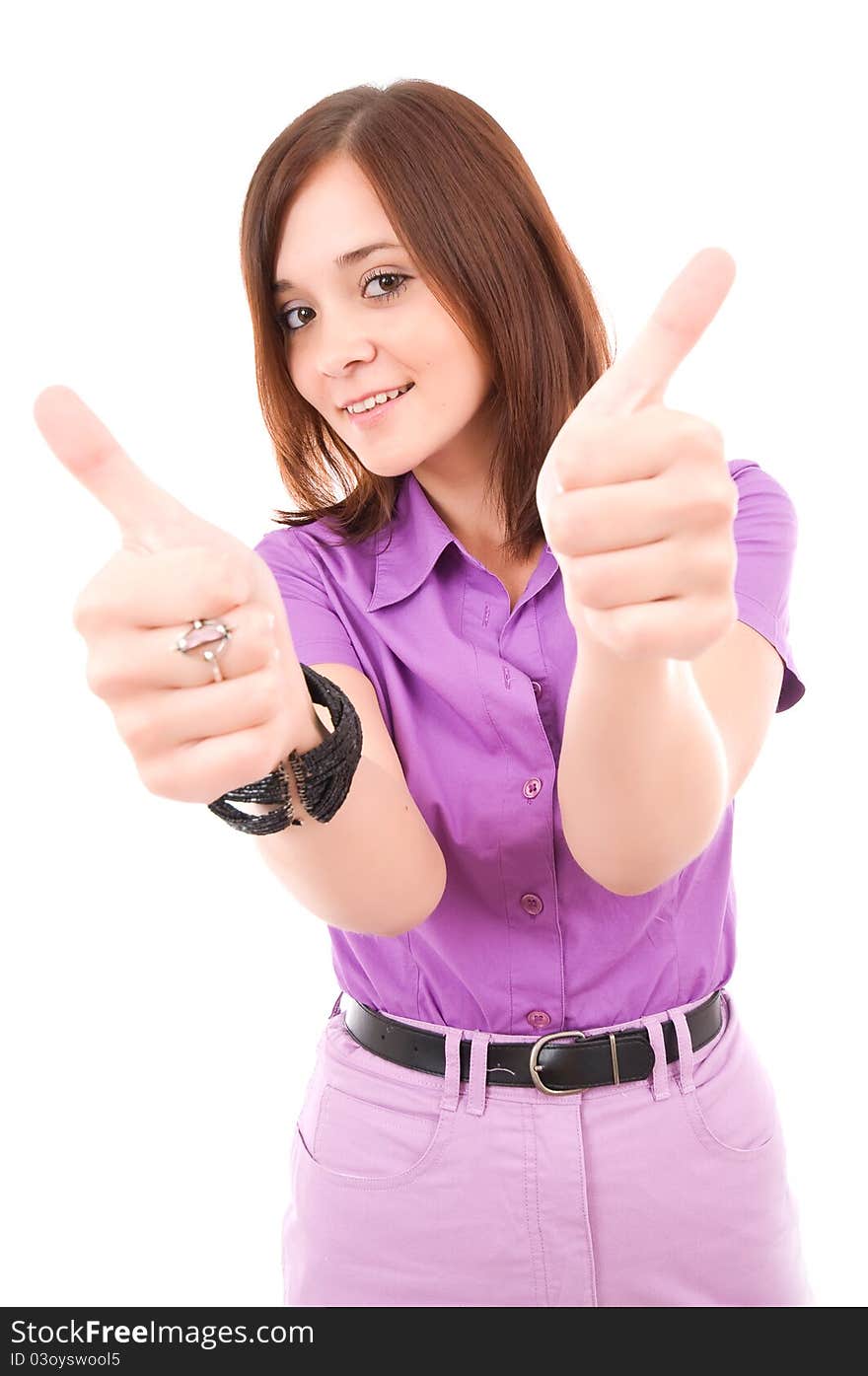 Confident business woman showing thumbs up, isolated on white background